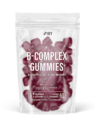 B Complex Gummies - Potent Formula Contains 5 Essential B Vitamins & Vitamin C, Strawberry Flavour - Halal, Non GMO - 60 Vegan Fruity Gummies.