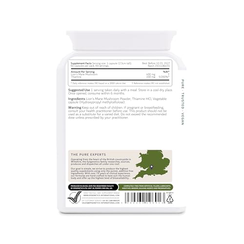 Epigenetics Cognitive Boost | 400mg Lions Mane Mushroom & 100mg Thiamine | 60 Capsules | Vegan Friendly UK Made | 1 Capsule Daily 2 Months Supply