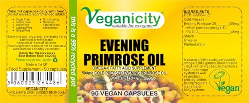 Veganicity Evening Primrose Oil 500mg (9% GLA) : Omega-6 Plant Supplement : 90 Vegan Capsules, in a Planet-Friendly 99% Recycled Pot
