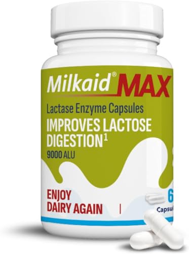 Milkaid Max Lactase Enzyme Capsule for Lactose Intolerance Relief | Prevents Wind, Bloating & Diarrhoea | Fast Acting Dairy Digestive Supplement | Gluten Free & Vegan | 60 Capsules