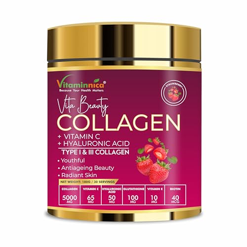 Vitaminnica Because your Health Matters Vitaminnica Vita Beauty Premium Bovine Collagen Powder (Type I & III) with Hyaluronic Acid, Glutathione, Vitamin C, Biotin & Vitamin E | for Glowing Skin & Anti-ageing | 30 Servings (Strawberry)