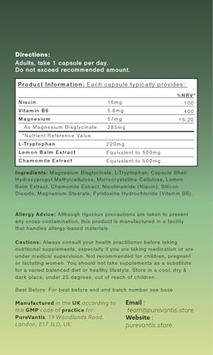 PureVantis L-Tryptophan Sleep Complex Supplement – 90 Capsules | with Botanicals & Vitamin B6 for Restful Sleep & Relaxation, UK Made