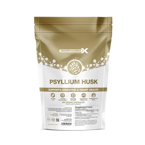 Biopharm-X Psyllium Husk Capsules 1400mg per Serving (240 Vegan Capsules) Natural Fibre Supplement for Healthy Digestion, Regularity & Gut Health/High Fiber Source
