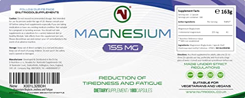 Nutriodol Magnesium Bisglycinate - Up to 465mg per Day | 180 x Easy to Swallow Capsules | 60 Days Minimum Supply | Reduce Tiredness and Fatigue