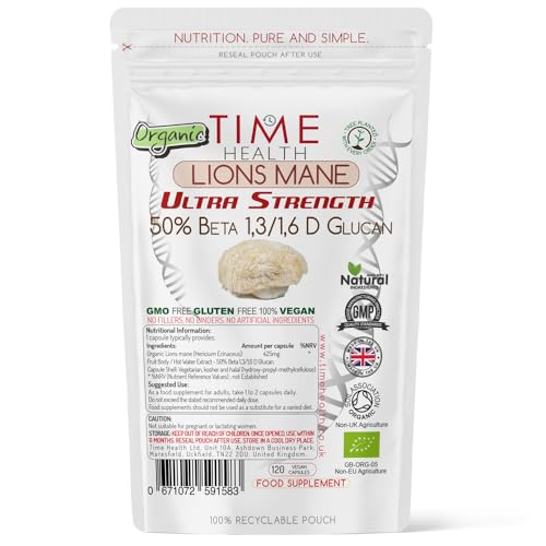 Lions Mane Organic - Ultra Strength 50% Beta 1,3/1,6 D Glucan, Pullulan (Hericium Erinaceus ) (120 Capsule Pouch)
