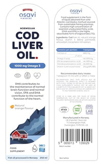 Osavi Norwegian Cod Liver Oil, 1000mg Omega 3 (Orange) - 250 ml.