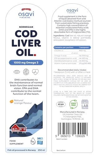 OSAVI Osavi Norwegian Cod Liver Oil, 1000mg Omega 3 (Orange) - 250 ml.