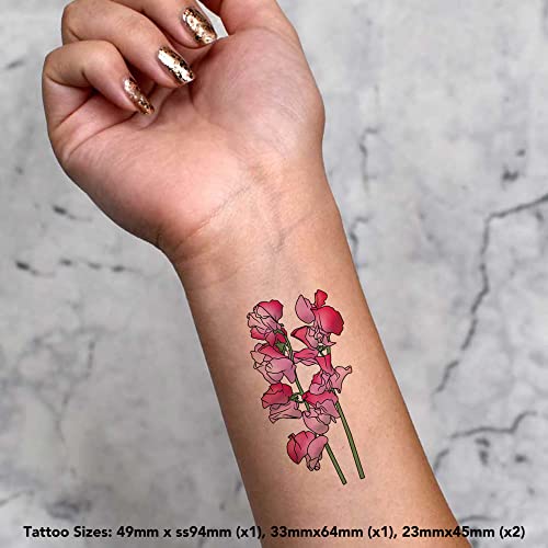 Azeeda 4 x 'Pink Sweetpea Flowers' Temporary Tattoos - Water Resistant, Skin-Safe, Non-Toxic Transfers, Mixed Sizes (TO00059124)