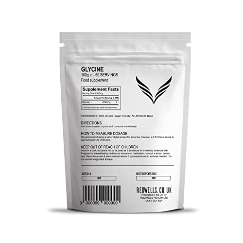 Glycine Powder REDWELLS NO Additives Amino Acid GMO Free Vegan - 100g Pack