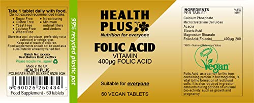 Health Plus Folic Acid 400µg : Pre-Conceptual Vitamin B Supplement : 60 Tablets, in a Planet-Friendly 99% Recycled Pot