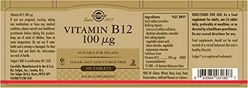 Solgar Vitamin 100 µg B12 Tablets - Pack of 100 - Easy to take form - For healthy nervous system, heart and mind - Red Blood Cell Formation - Vegan
