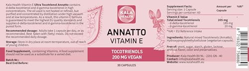 Annatto Tocotrienols Vegan Kala Health Vitamin E Supplements, Tocopherol Free, Eannatto Capsules Without PAH's and contaminants - Improved from Deltagold - 200mg - Non-GMO & Antioxidant (30)