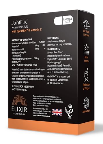 ELIXIR NUTROLOGY JointElix™ 30 Capsules – Hyaluronic Acid, Vitamin C & OptiMSM™ for Joint Health, Supports Collagen Formation of Cartilage. Made in The UK
