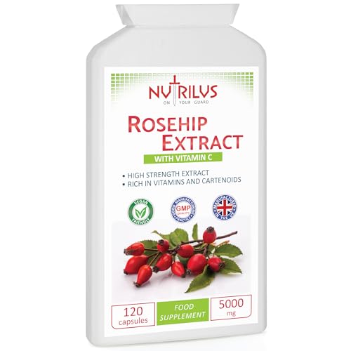 Rosehip Extract 120 Capsules 5000mg - High Strength Vegan Supplement - Rosa canina with Vitamin C - Bones & Cartilage - UK Made