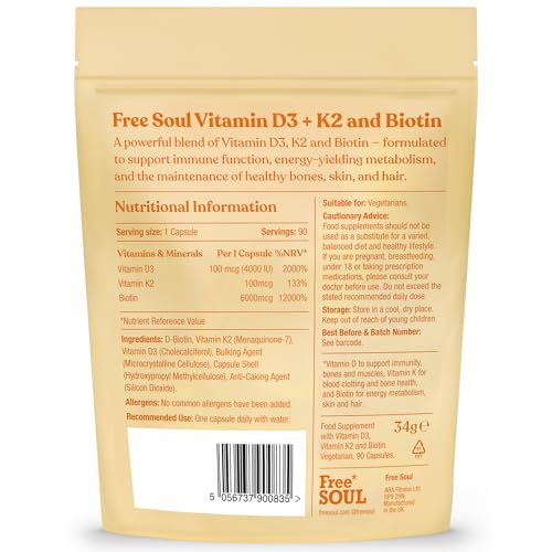 Vitamin D3 + K2 and Biotin, 3 in 1 Complex | High Strength D3 4000IU, K2 MK-7 & Biotin 6000mcg | Immunity, Heart, Hair, Skin, Nails, Support | UK Made | Lab-Tested | 90 Capsules | Free Soul