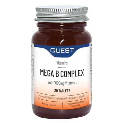 Quest Mega Vitamin B Complex Tablets. High Strength Vitamin B1-B2-B3-B6-B12, Biotin & C Supports Energy Production, Stress Response, Immune System & Brain Function. 2 Month Supply. (60 Capsules)
