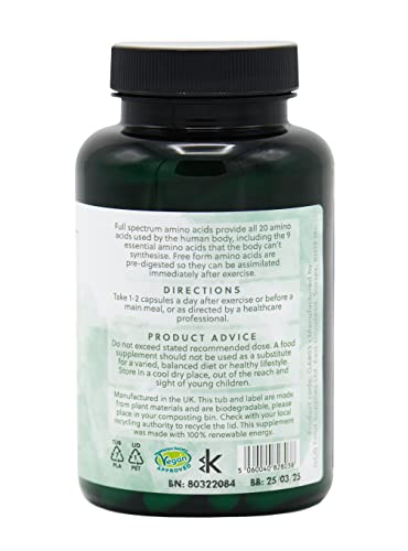 Full Spectrum Amino Acids Capsules | BCAA | Free Form Amino Acids | 120 Vegan Capsules | G&G Vitamins- 120 Capsules
