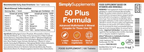 Simply Supplements A to Z Multivitamins & Minerals for Individuals Aged 50 Plus | Supports Brain Health, Energy Levels, and Immunity | Vegetarian | 360 Easy-to-Take Tablets = 12 Months’ Supply | Made in The UK
