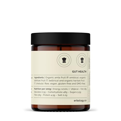 Erbology Organic Triphala Powder 90g - 45 Servings - Ayurvedic Blend of Amla, Haritaki and Bibhitaki - Gut Health - Sustainably Sourced Straight from Farm in India - Small Batch - Vegan - GMO-Free