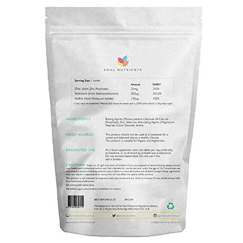 Soul Nutrients Selenium, Zinc & Iodine Tablets- One per Day- Immune Function, Nervous Sysyem, Fertility, Thyroid 120 Tablets- UK Made