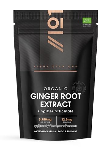 ALPHA01 Organic Ginger Extract 3,750mg - Potent 5% Gingerols (12.5mg) - 3 Months Supply - 90 Vegan Capsules