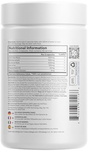 Codeage Raw Wildcrafted Irish Sea Moss Supplement – with Bladderwrack, Burdock Root, Spirulina, BioPerine & Peppermint Oil – Vegan, Non-GMO – Superfood Mineral Complex – 120 Capsules