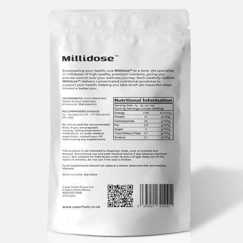 Millidose Lion's Mane Mushroom Powder High Strength 15:1 | 50% Polysaccharides | Lion's Mane Supplement for Brain & Immune Support | 2000mg Per Serving | 100g High Strength Lions Mane Powder