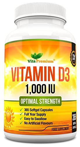 Vita Premium Vitamin D 1,000 IU, Optimal Strength Vitamin D3 Supplement, 365 Easy to Swallow Softgels - Full Year Supply
