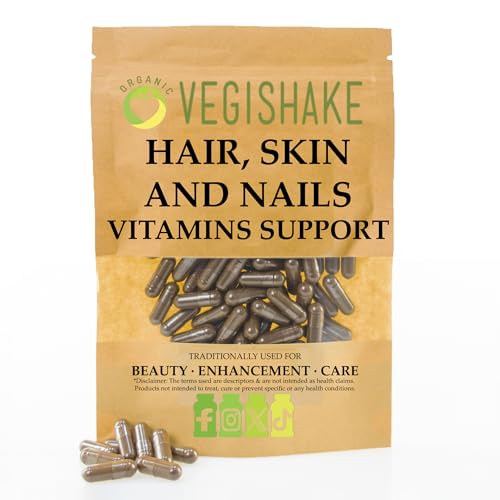 vegishake Hair Skin and Nails Vitamins – Biotin 10,000µg, Bamboo Extract, Vitamin C & Niacin – Vegan Capsules Hair Growth, Radiant Skin & Strong Nails (90 Capsules)