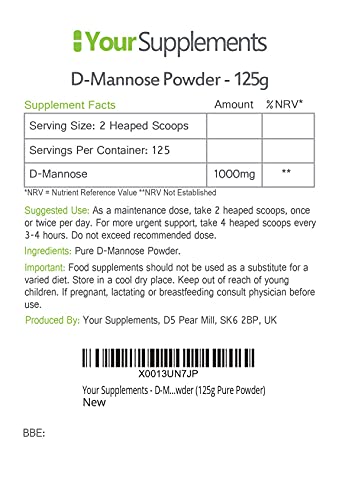 YourSupplements Your Supplements - D Mannose Pure Powder 125g | Natural & Non GMO | Vegetarian & Vegan Friendly | Scoop Included