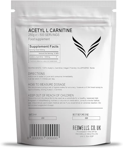 Acetyl L-Carnitine Powder (ALCAR) REDWELLS Premium Quality Vegan (250g)