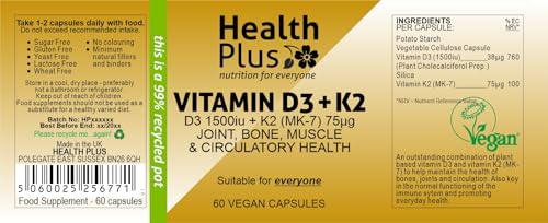 Health Plus Vitamin D3 1500iu (38µg) + K2 (MK-7) 75µg : Vitamin D & K2 Supplement : 60 Vegan Capsules, in a Planet-Friendly 99% Recycled Pot