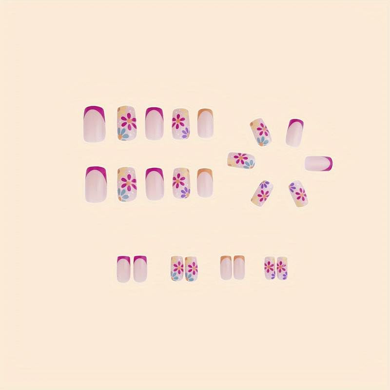 Generic 24PCS Acrylic Press on Nails, Square Full Cover, Colourful Flower French Tips, No Glue Needed, for Women and Girls