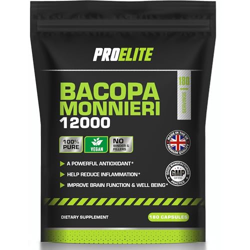 Bacopa Monnieri 12000mg Vegan Capsules High Strength Bacopa Extract 20:1 | Resealable and Recyclable Pouch | 100% Natural Brahmi Powder Non-GMO | NO FILLERS | NO Binders by PROELITE (180 Capsules)