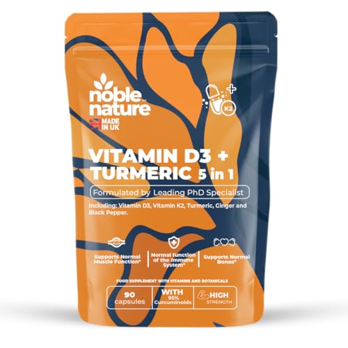 NobleNature Vitamin D3 4000IU + K2 MK7 100µg with Turmeric, Ginger & Black Pepper – High Strength 5-in-1 Formula – 90 Capsules (45 Day Supply) – UK Made Supplement with 95% Curcuminoids (90)