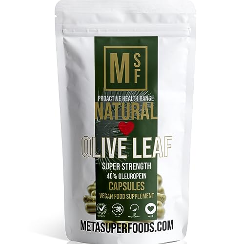 MetaSuperfoods Olive Leaf | 60 Capsules | Super Strength | OLEUROPEIN 40% | (1000mg per Capsule Equivalent to 10,000mg) | Vegan | NO FILLERS NO Binders | Non GMO | Made in UK 100% Olive Leaf (60)