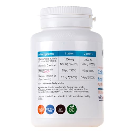 Aliness Calcium from Oyster Shells with Vitamin K2 MK-7 and D3, 100 Tablets