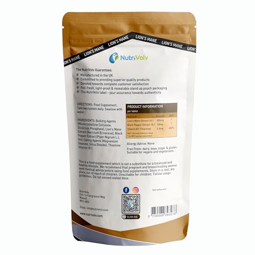 NutriVolv Lions Mane Supplement 4000mg with Vitamin B1 & Black Pepper | 180 Vegan Tablets | Lion's Mane Mushroom 20:1 Extract (Not Lions Mane Powder or Capsules) | Mental Performance & Nervous System | UK Made