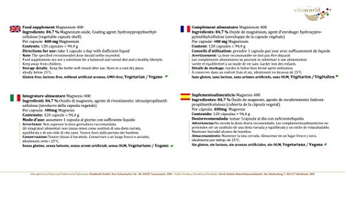 Vita World Magnesium 400Mg 120 Capsules Made in Germany