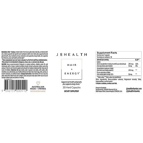 JSHealth Vitamins Hair and Energy Formula Hair Growth Vitamins | Hair Vitamins for Women and Men | Zinc and Iodine Hair Supplements for Hair Growth | Hair Loss Supplements | (30 Capsules)