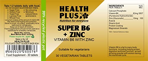 Health Plus Super B6 + Zinc : Vitamin B with Zinc Supplement : 30 Tablets, in a Planet-Friendly 99% Recycled Pot