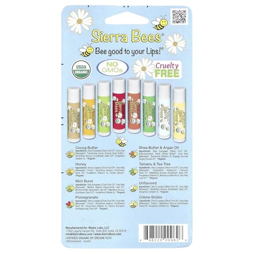 Organic Lip Balm - Variety 8 Pack by Sierra Bees - Cocoa Butter, Honey, Mint Burst, Pomegranate, Shea Butter & Argan Oil, Tamanu & Tea Tree, Unflavoured and Vanilla