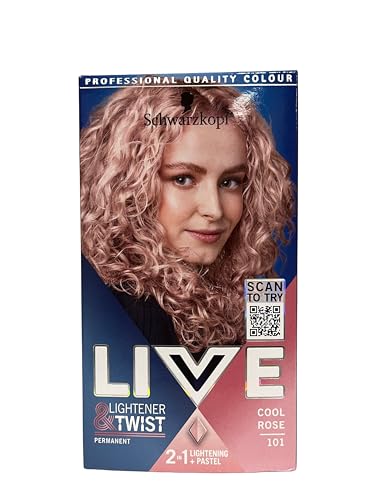Schwarzkopf Live Lightener + Twist Pink Hair Dye, 3-Pack Permanent Colour with 2-in-1 Lightening + Pastel, 101 Cool Rose
