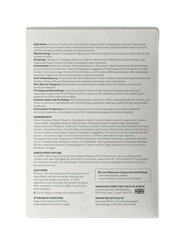 Youth and Earth Bio-Collagen Hyaluronic Acid Gel Face Mask- Pack of 5 - Face Masks Beauty for Anti Wrinkles - Hydrating Face Mask - Skin Care for Women - Moisturising & Nourishing Face Masks