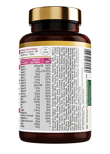 Royal Oak Health Multi Vitamins and Minerals with Biotin, Vitamin D3 and Lutein with Natural Vanilla Flavour & No Iodine, 180 Tablets Pack