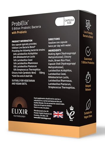 ELIXIR NUTROLOGY ProbiElix™ 30 Capsules – 5 Billion Probiotic Bacteria, Supports Digestive Health & Gut Balance, Includes Chicory Inulin, Vegan & Vegetarian Friendly. Made in The UK