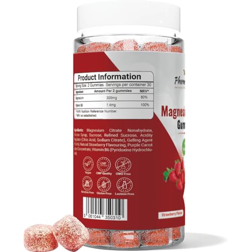 Pharmanostix Magnesium Citrate Gummies Plus 300mg, with Vitamin B6, 60 Vegan Gummies, Supports Muscle, Immunity, Electrolyte Balance, and Energy.