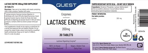 Quest Lactase Enzyme 200mg Lactose Intolerance Relief. 2000 ALU Fast Relief Dairy Enzymes Digestive Supplement to Prevent Gas, Bloating & Diarrhoea. Dairy, Gluten Free & Vegan (3 Pack x 30 Tablets)