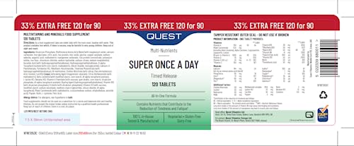 Quest Super Once A Day Multivitamin & Minerals Tablets. 17 Vitamins & 12 Minerals With Vitamin A, B, C, D, Iron & Zinc For Men & Women. For Optimal Health, Reduces Fatigue & Immunity (120 Tablets)