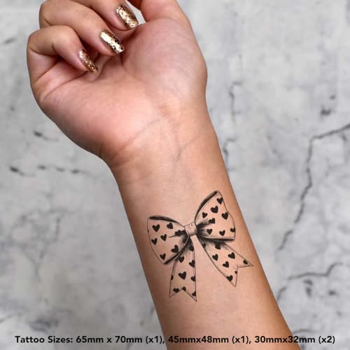 Azeeda 4 x 'Coquette Bow with Hearts' Temporary Tattoos - Water Resistant, Skin-Safe, Non-Toxic Transfers, Mixed Sizes (TO00082666)